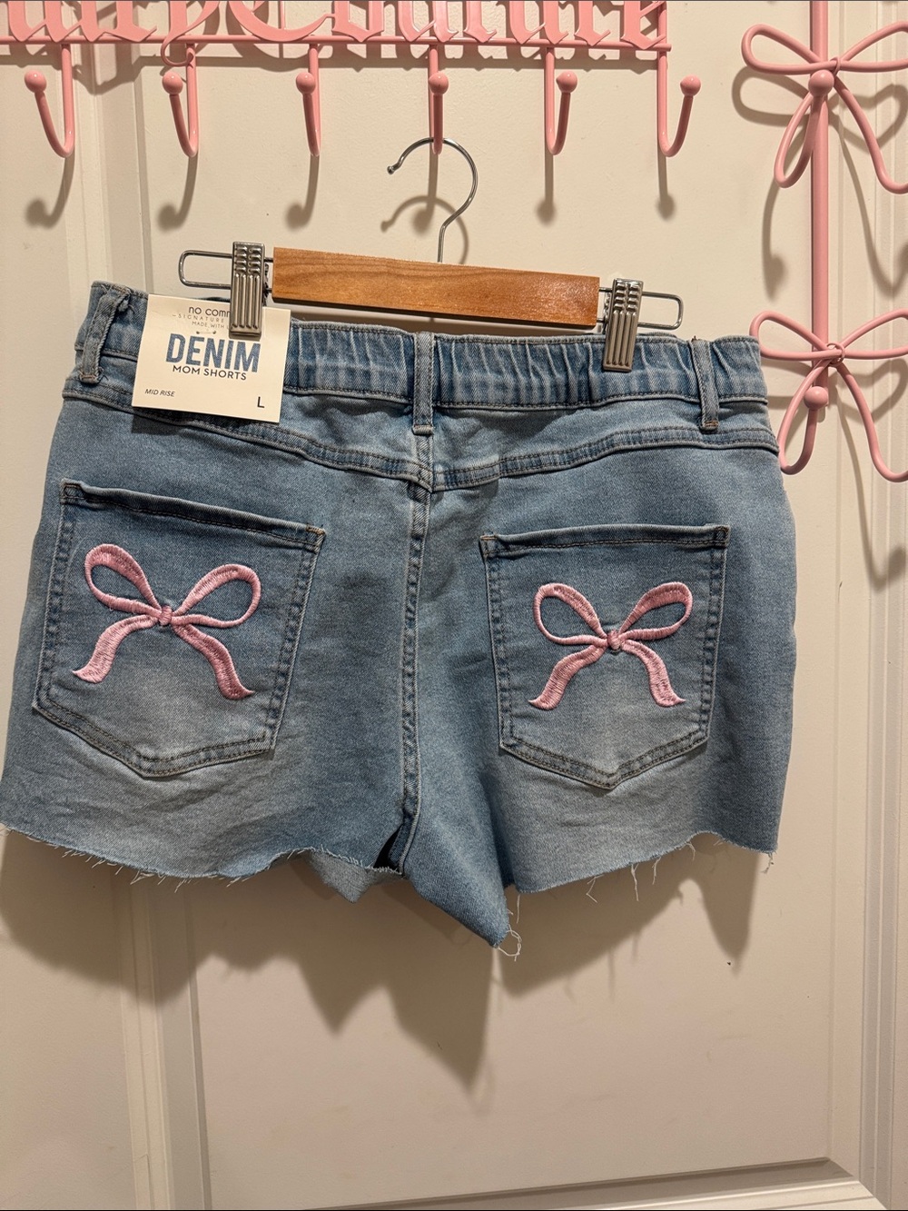Light Blue Denim Mom Shorts with Pink Bow Embroidery